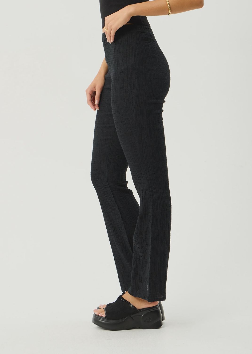 AFENDS WOMENS FOCUS SEERSUCKER FLARE PANT - BLACK