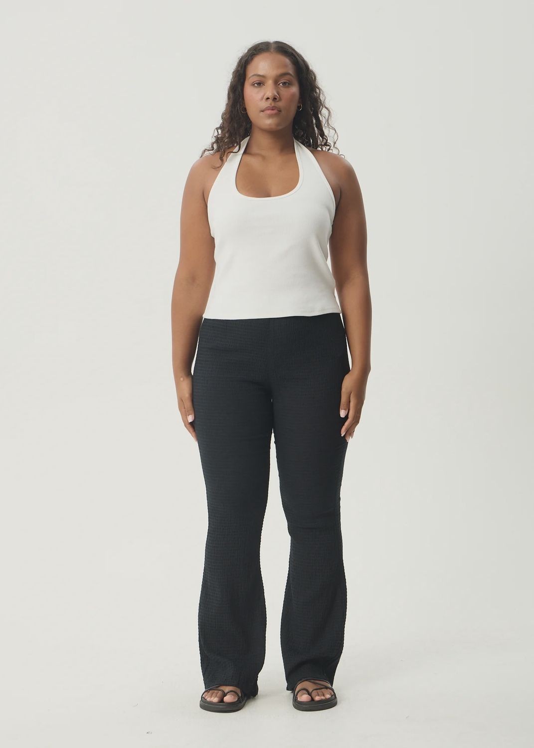 AFENDS WOMENS FOCUS SEERSUCKER FLARE PANT - BLACK