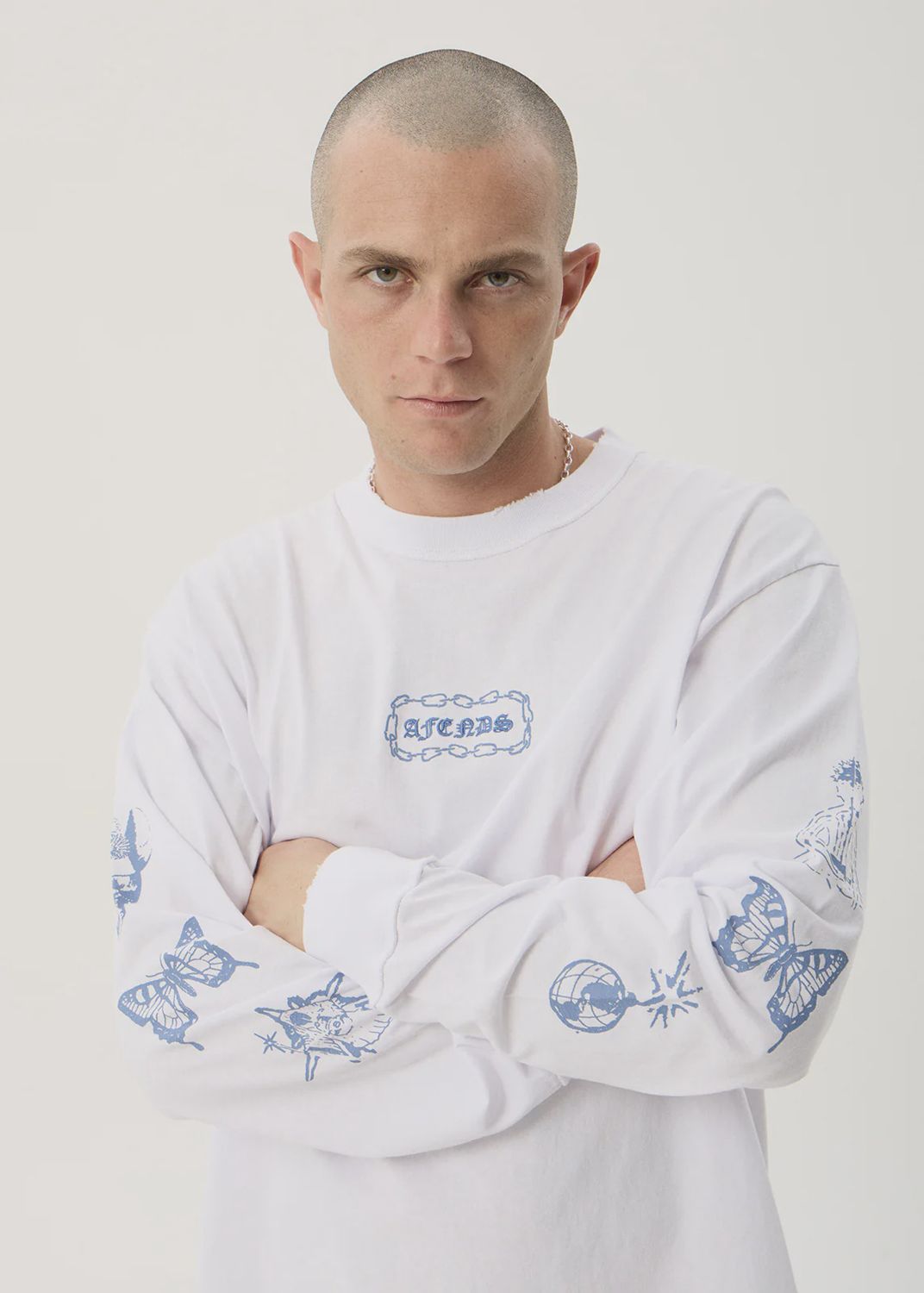 AFENDS MENS SPIRITUAL BOXY LONG SLEEVE TEE - WHITE