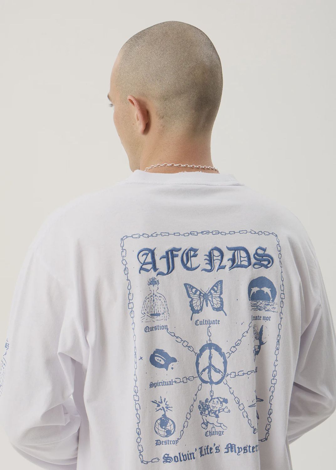 AFENDS MENS SPIRITUAL BOXY LONG SLEEVE TEE - WHITE