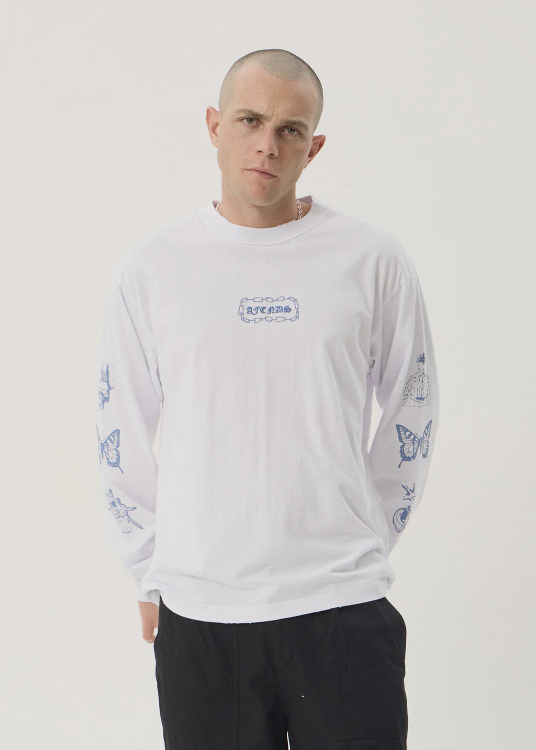 AFENDS MENS SPIRITUAL BOXY LONG SLEEVE TEE - WHITE