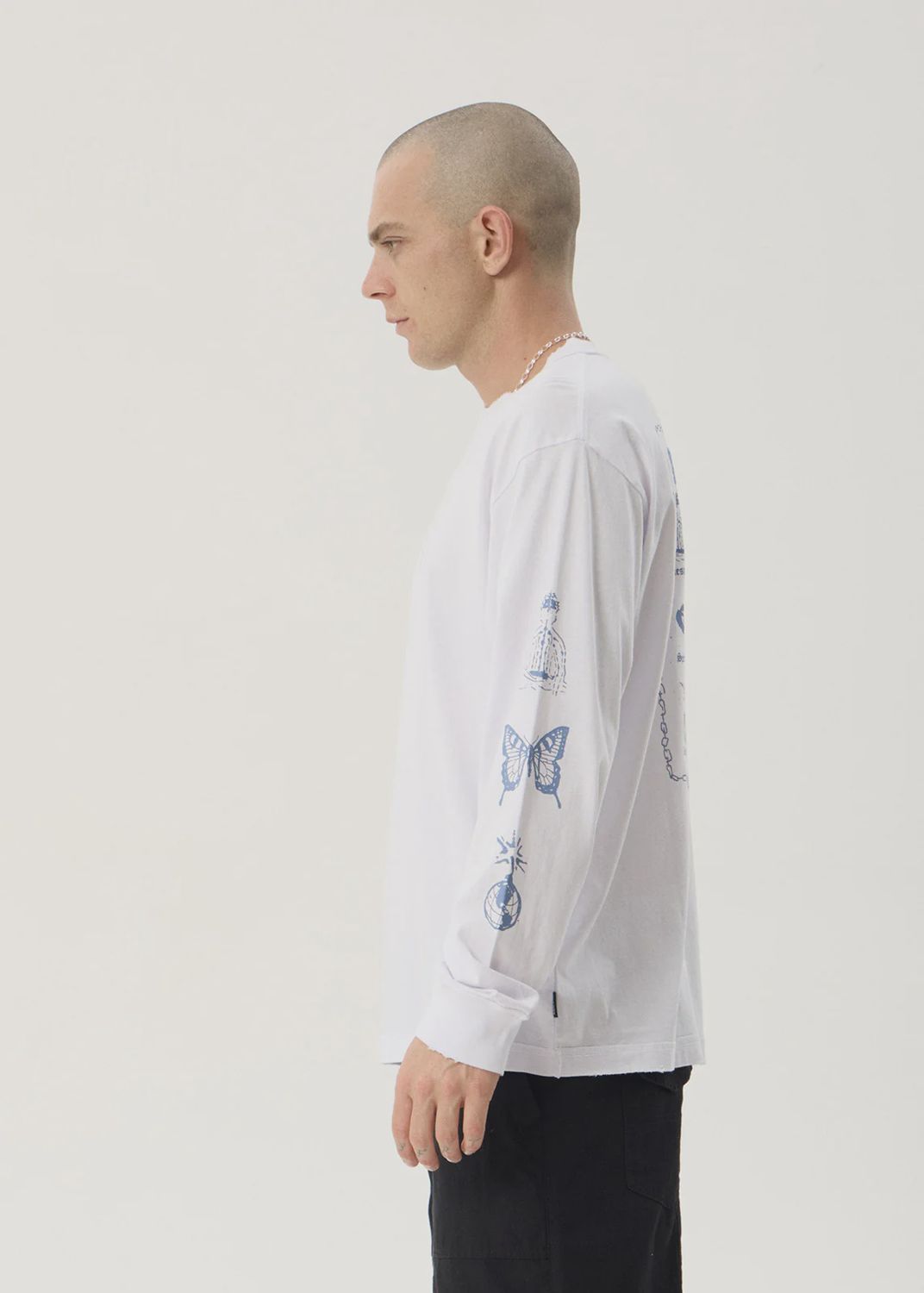 AFENDS MENS SPIRITUAL BOXY LONG SLEEVE TEE - WHITE