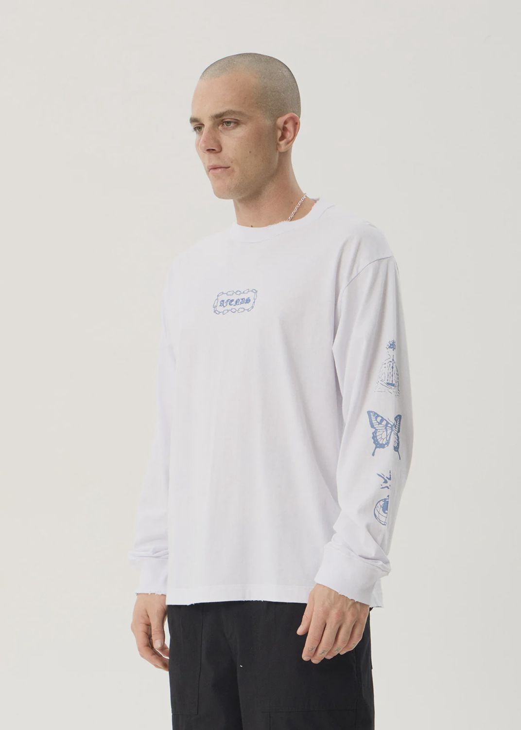 AFENDS MENS SPIRITUAL BOXY LONG SLEEVE TEE - WHITE