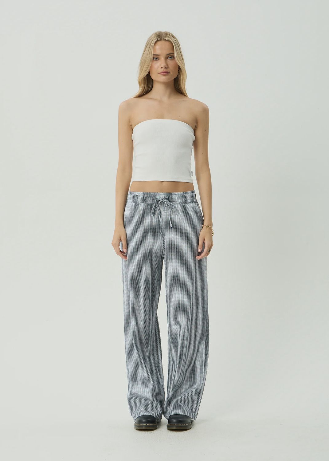AFENDS WOMENS HARRIET INDY HEMP WIDE LEG PANT - INDY NAVY CHECK