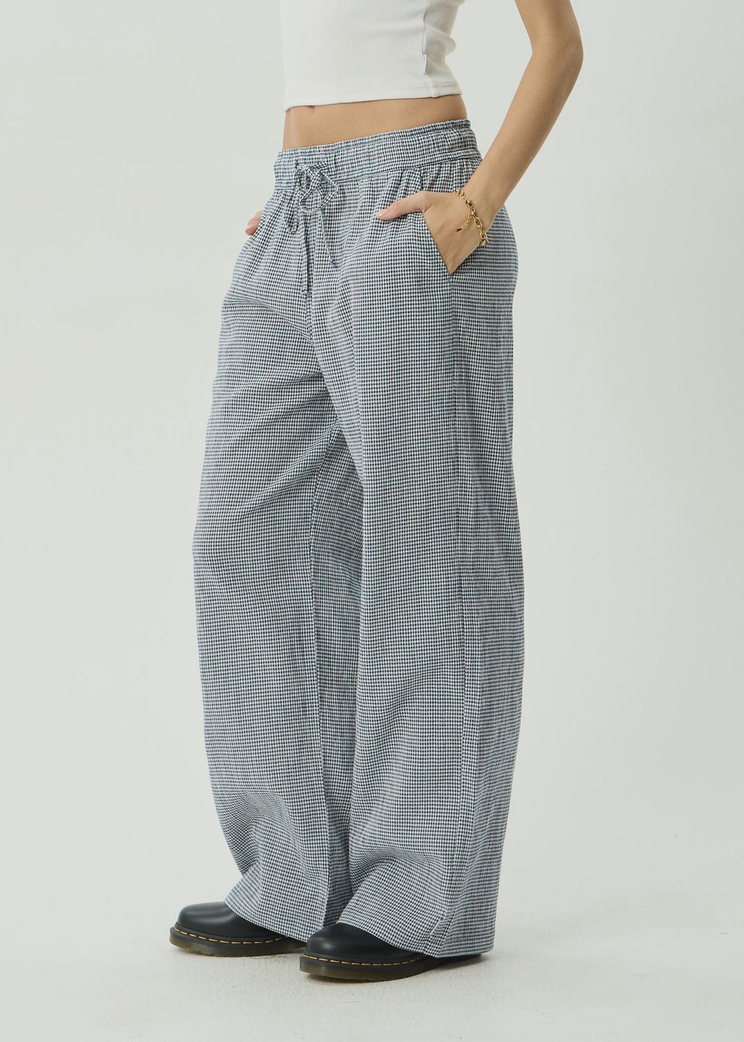 AFENDS WOMENS HARRIET INDY HEMP WIDE LEG PANT - INDY NAVY CHECK