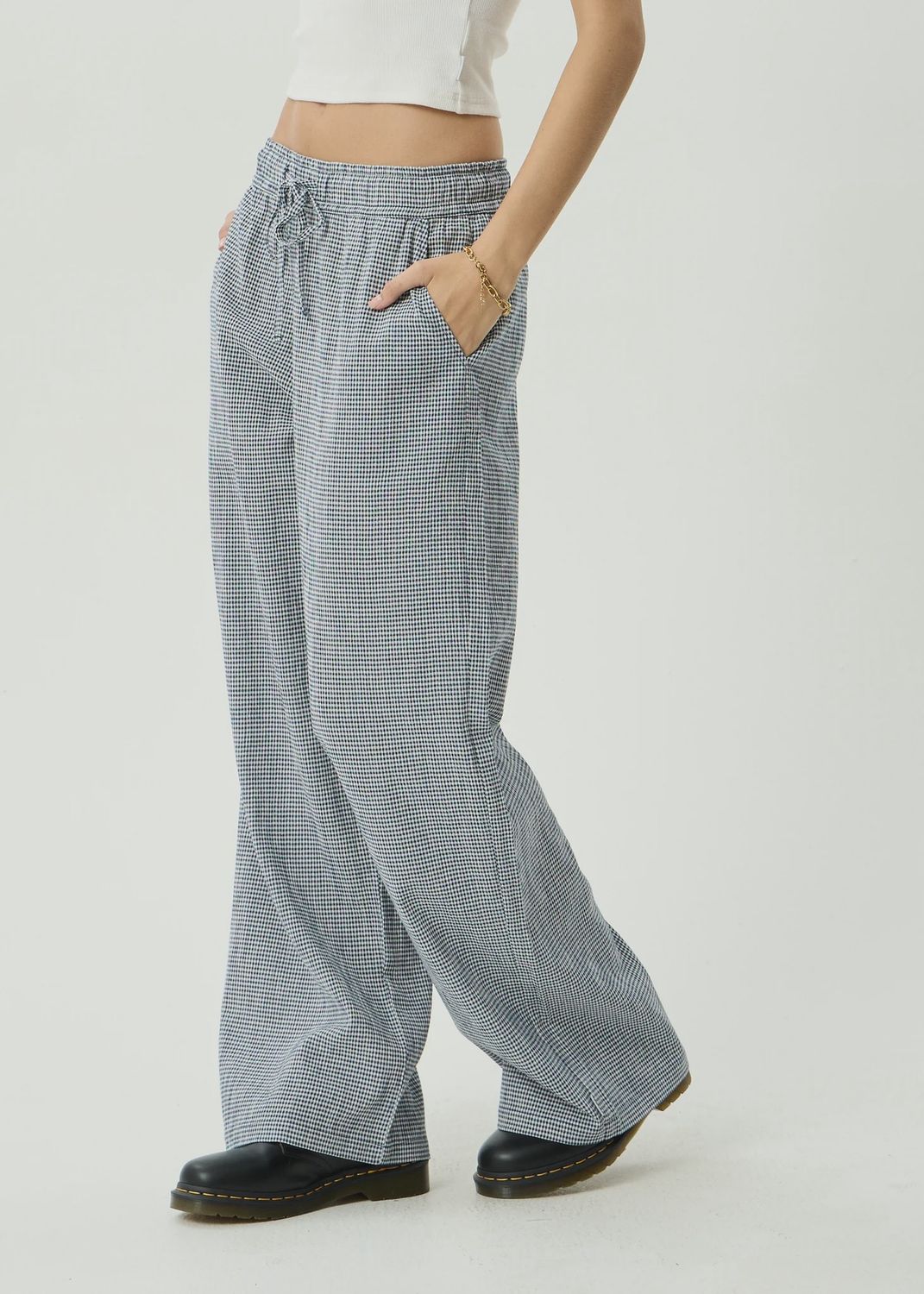 AFENDS WOMENS HARRIET INDY HEMP WIDE LEG PANT - INDY NAVY CHECK
