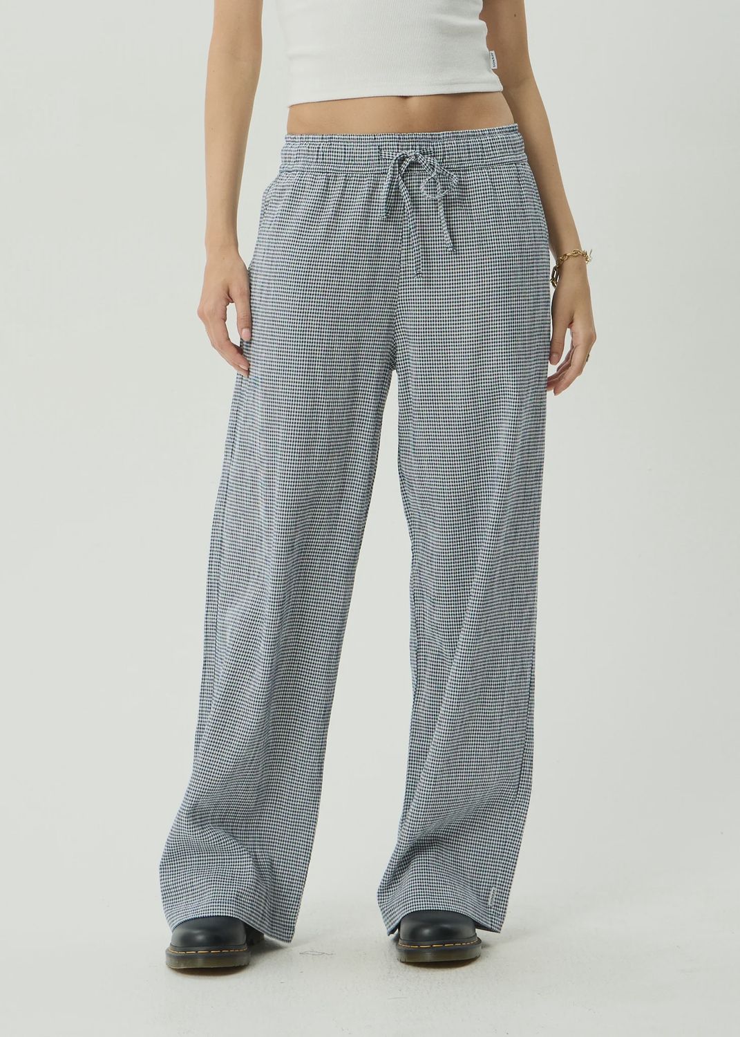 AFENDS WOMENS HARRIET INDY HEMP WIDE LEG PANT - INDY NAVY CHECK