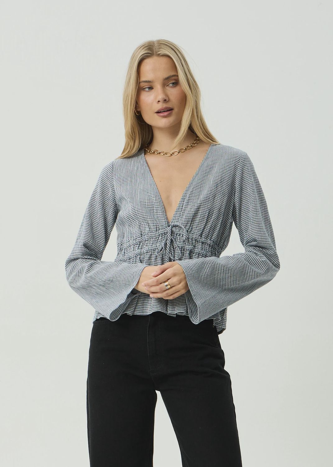 AFENDS WOMENS ANNIKA LONG SLEEVE TOP - INDY NAVY CHECK