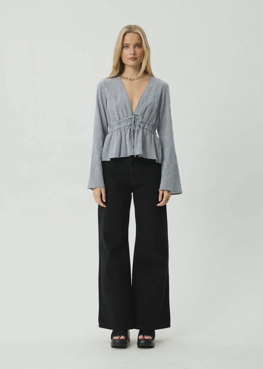 AFENDS WOMENS ANNIKA LONG SLEEVE TOP - INDY NAVY CHECK