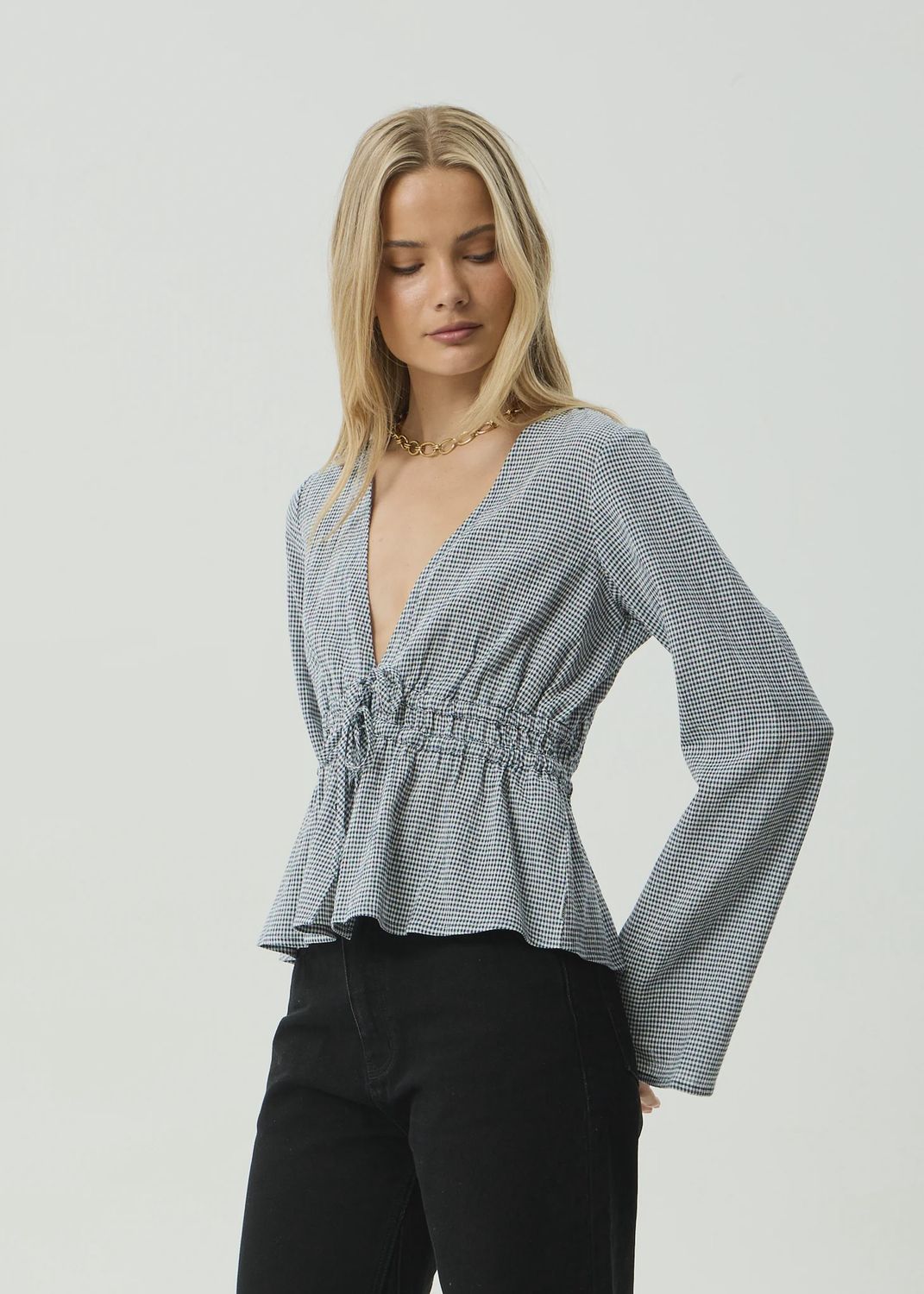 AFENDS WOMENS ANNIKA LONG SLEEVE TOP - INDY NAVY CHECK