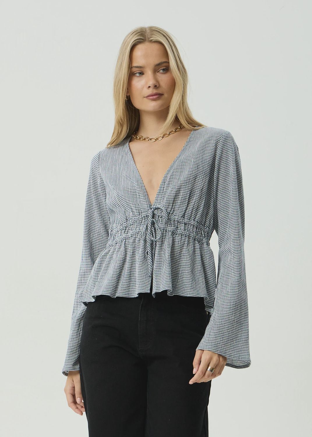 AFENDS WOMENS ANNIKA LONG SLEEVE TOP - INDY NAVY CHECK