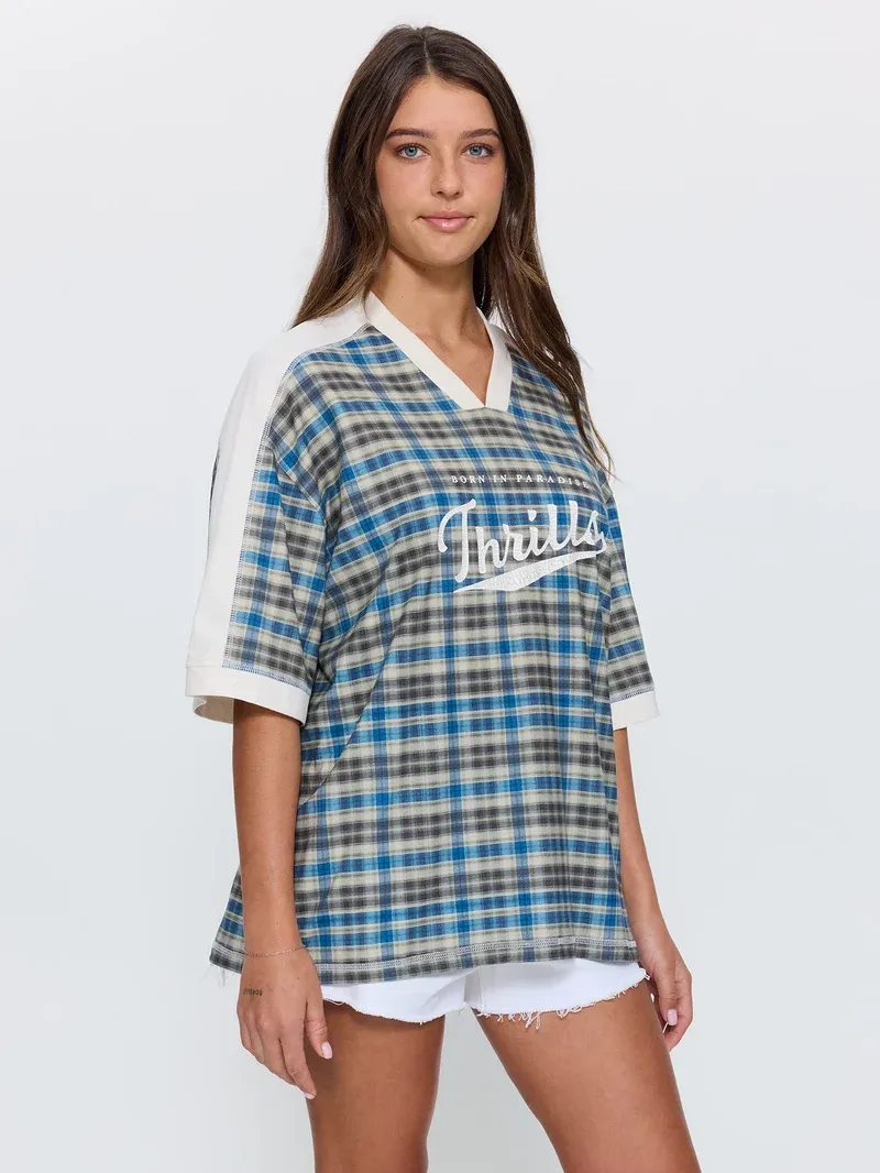 THRILLS WOMENS DESERT REVERB V NECK OVERSIZED TEE - DUSTY BLUE