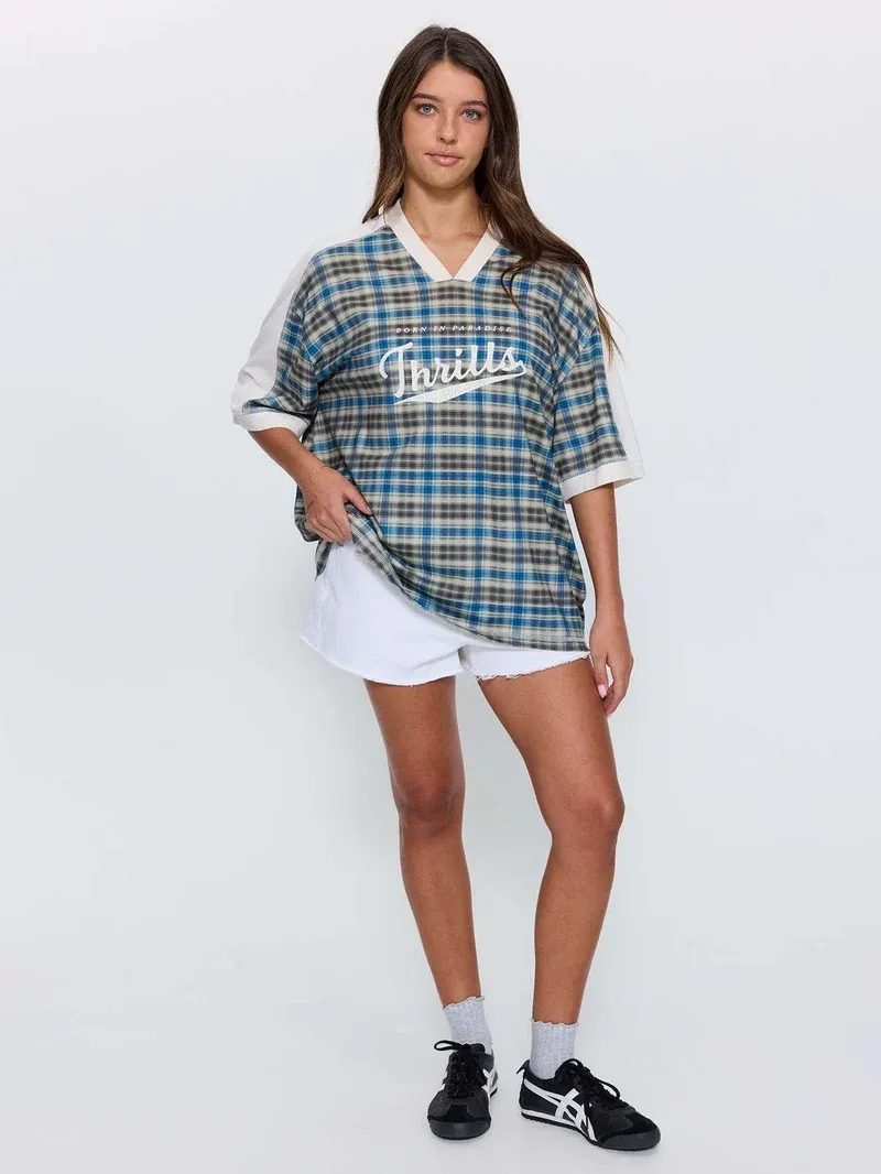 THRILLS WOMENS DESERT REVERB V NECK OVERSIZED TEE - DUSTY BLUE