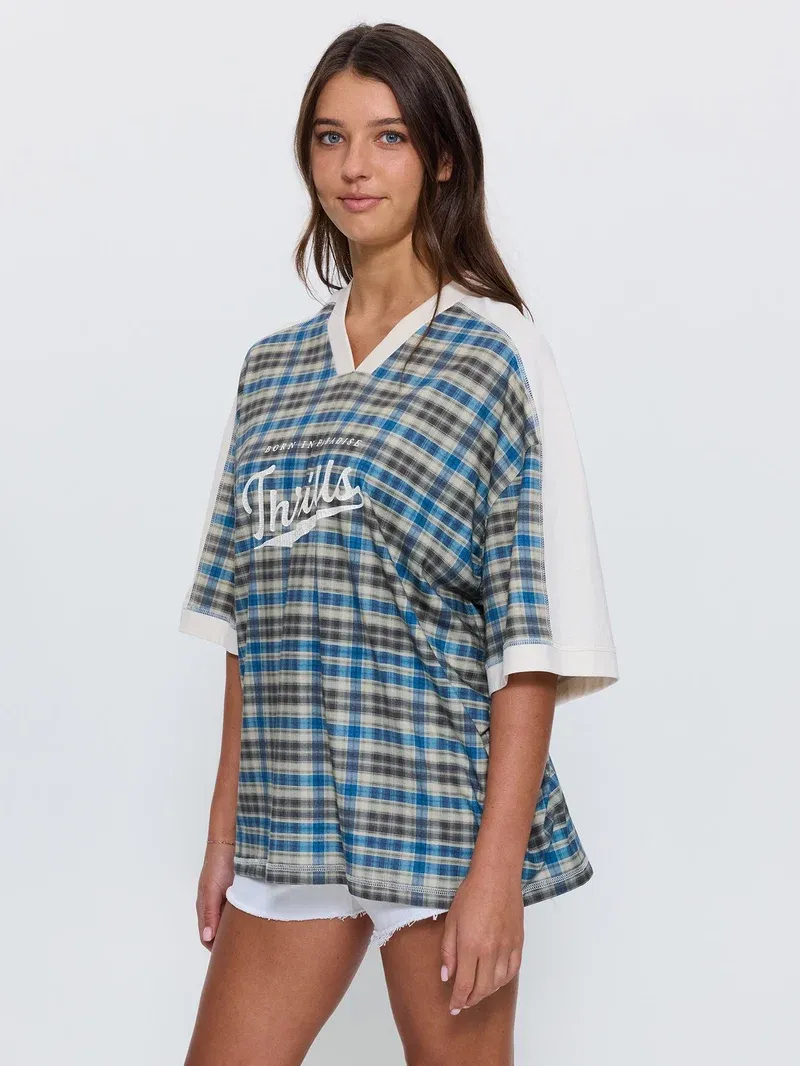 THRILLS WOMENS DESERT REVERB V NECK OVERSIZED TEE - DUSTY BLUE