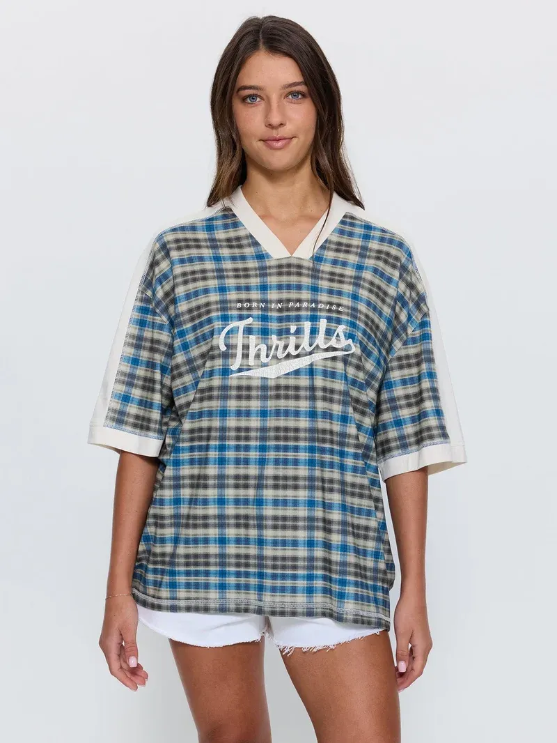 THRILLS WOMENS DESERT REVERB V NECK OVERSIZED TEE - DUSTY BLUE