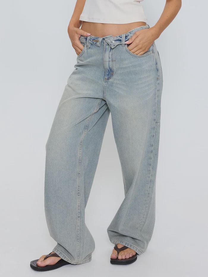 THRILLS WOMENS MURPHY FOLDED WAIST BAGGY JEAN - LIGHT GRANITE BLUE