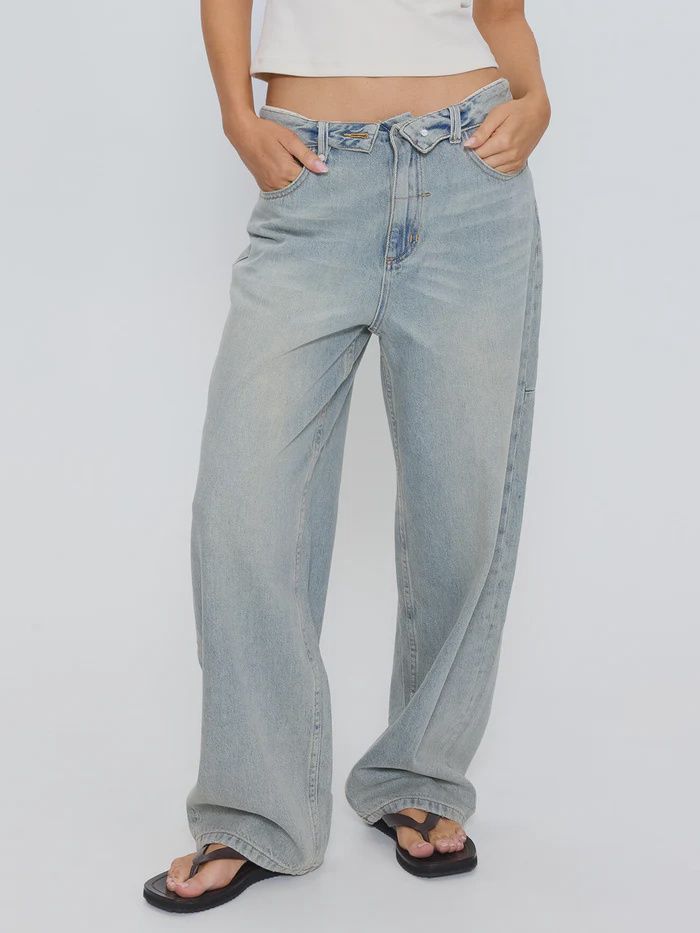 THRILLS WOMENS MURPHY FOLDED WAIST BAGGY JEAN - LIGHT GRANITE BLUE