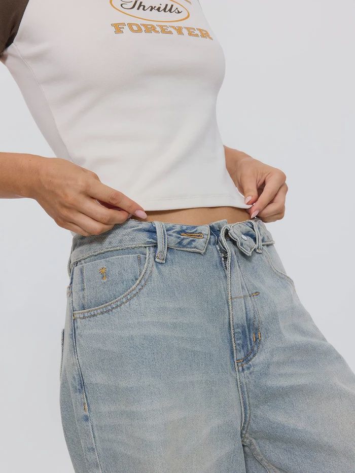 THRILLS WOMENS MURPHY FOLDED WAIST BAGGY JEAN - LIGHT GRANITE BLUE
