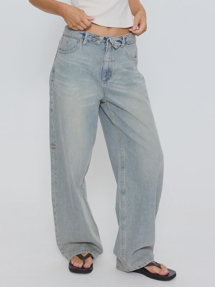 THRILLS WOMENS MURPHY FOLDED WAIST BAGGY JEAN - LIGHT GRANITE BLUE
