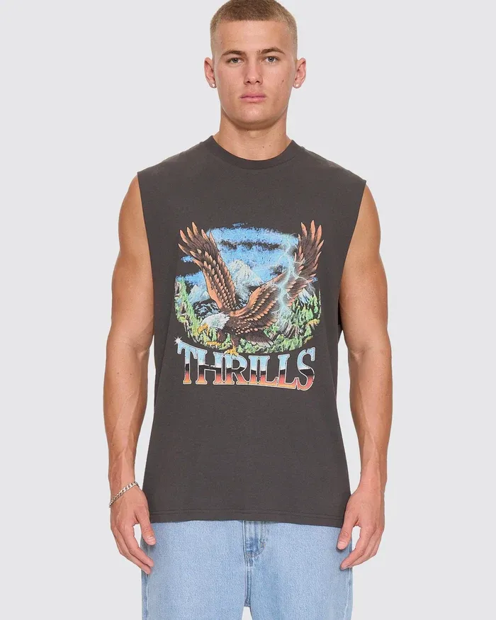 THRILLS MENS SEEN &amp; HEARD MERCH MUSCLE TEE - DARK MERCH BLACK