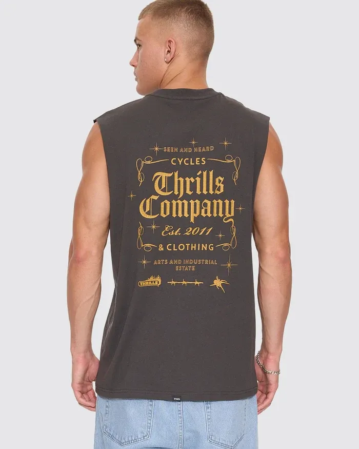 THRILLS MENS SEEN &amp; HEARD MERCH MUSCLE TEE - DARK MERCH BLACK