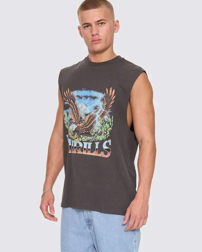 THRILLS MENS SEEN &amp; HEARD MERCH MUSCLE TEE - DARK MERCH BLACK