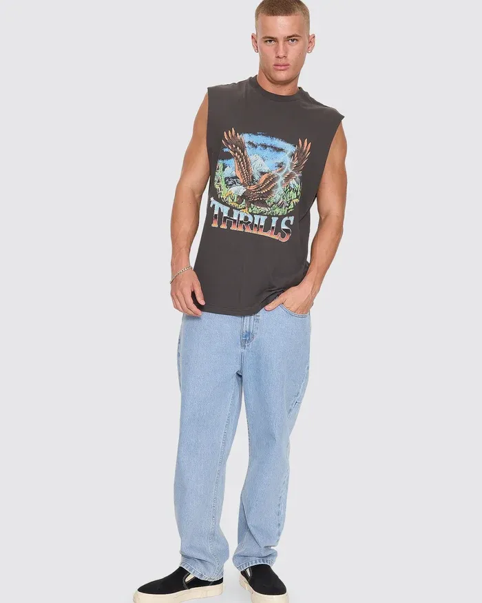 THRILLS MENS SEEN &amp; HEARD MERCH MUSCLE TEE - DARK MERCH BLACK