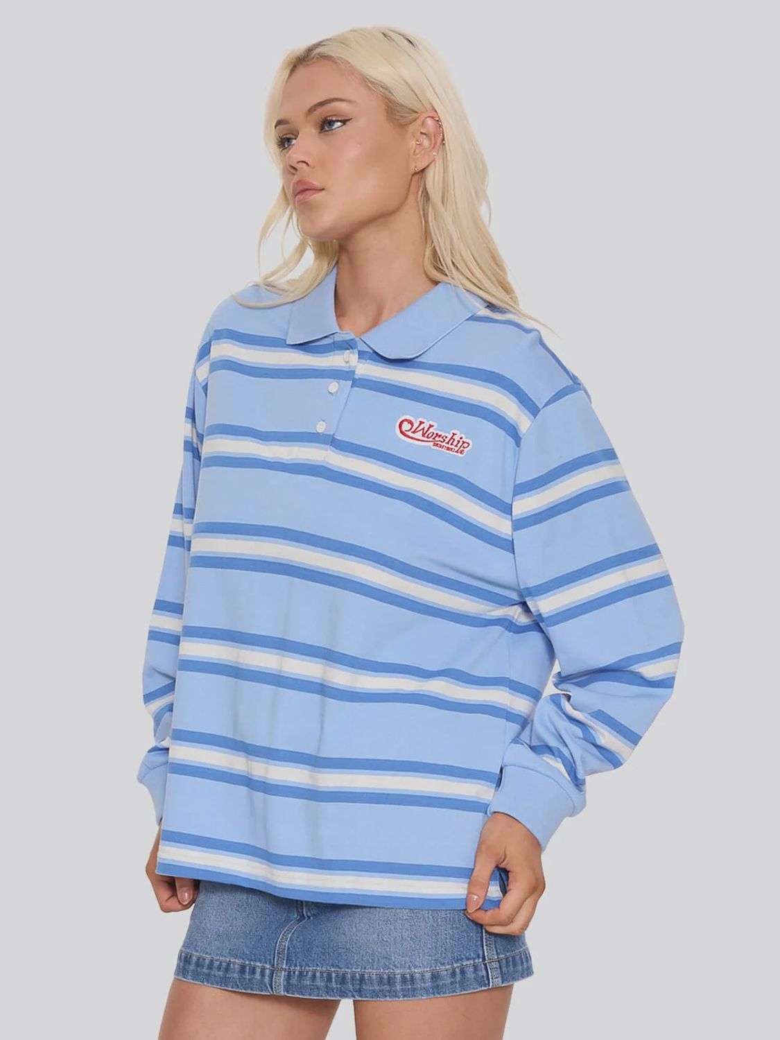 WORSHIP WOMENS YOURS TRULY STRIPED LONG SLEEVE POLO - DREAM BLUE