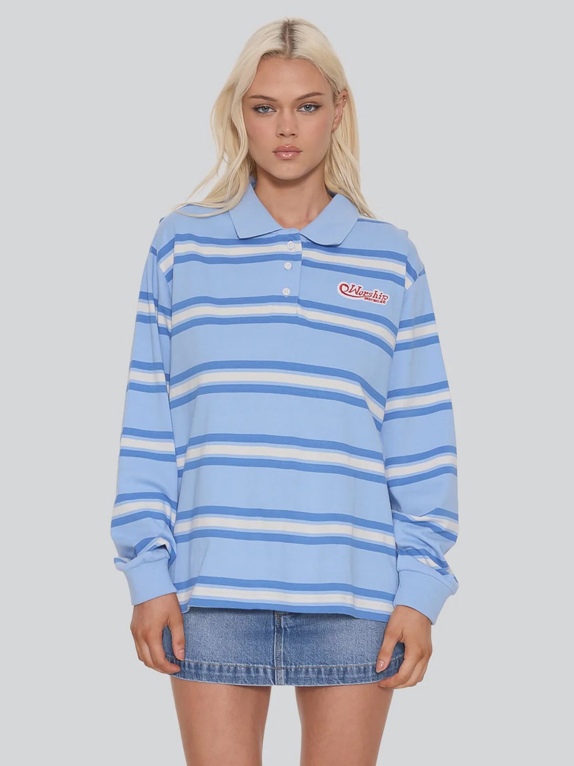 WORSHIP WOMENS YOURS TRULY STRIPED LONG SLEEVE POLO - DREAM BLUE
