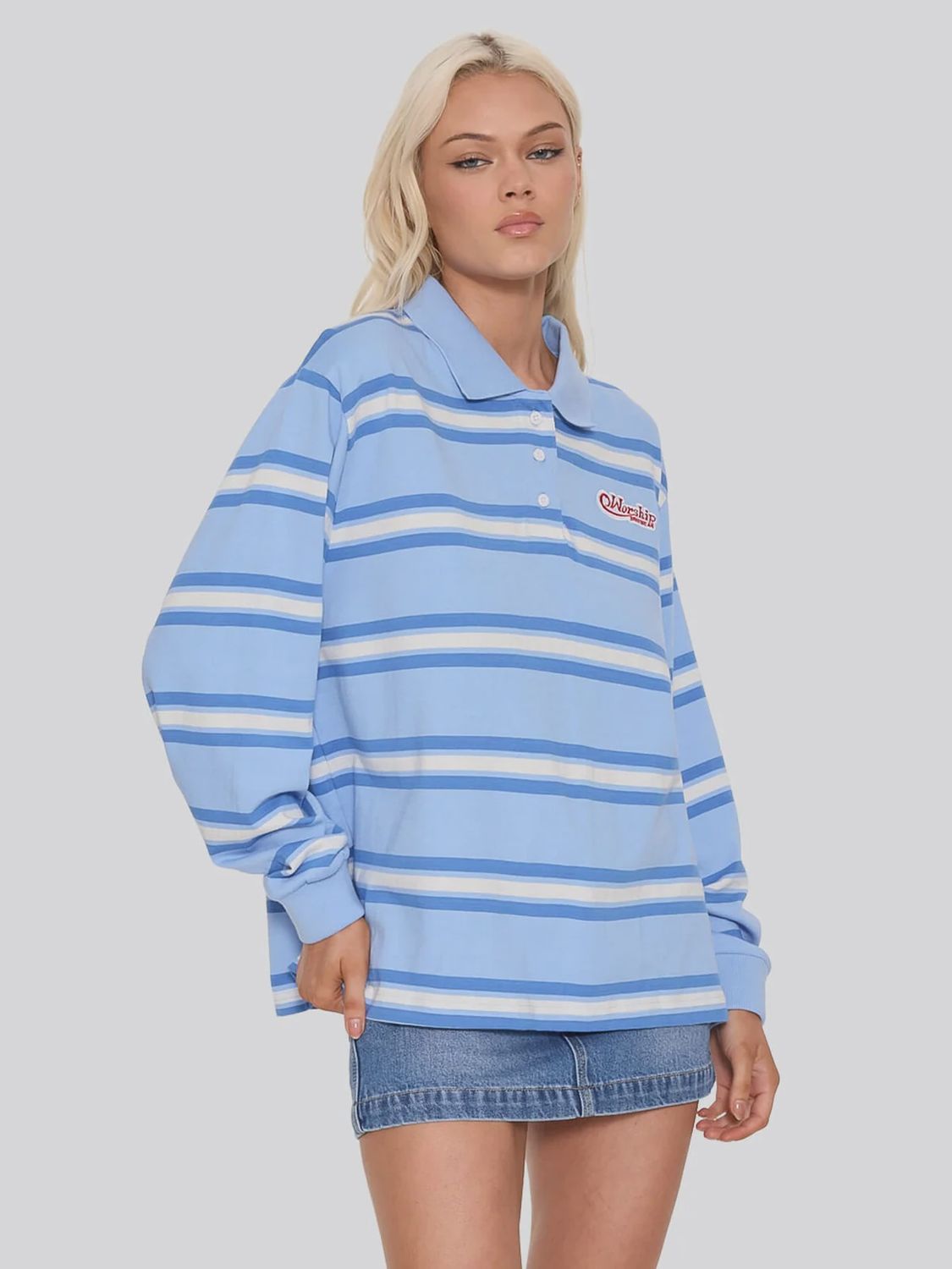 WORSHIP WOMENS YOURS TRULY STRIPED LONG SLEEVE POLO - DREAM BLUE