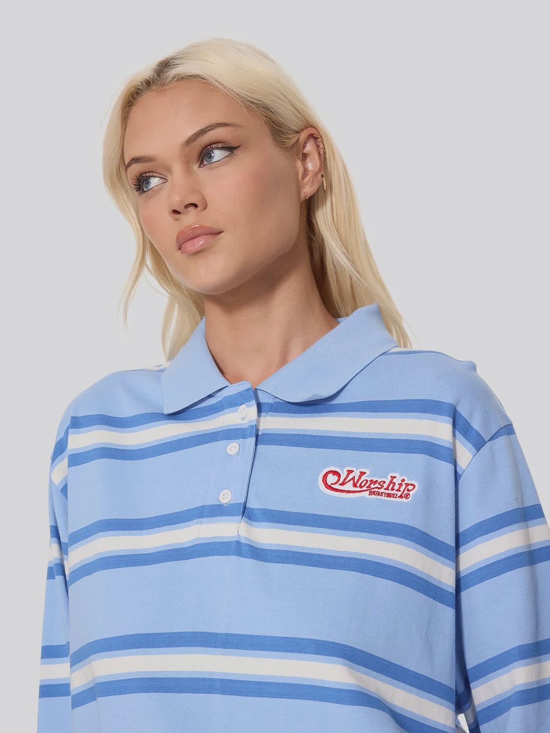 WORSHIP WOMENS YOURS TRULY STRIPED LONG SLEEVE POLO - DREAM BLUE