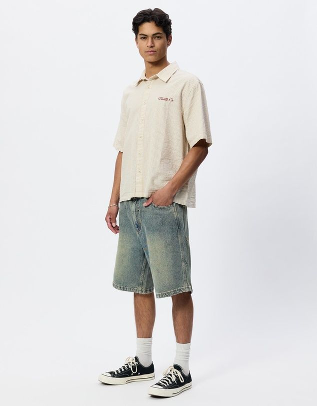 THRILLS MENS FILTERED MID SLACKER RELAXED LONG DENIM SHORT - GRANITE GREEN TINT