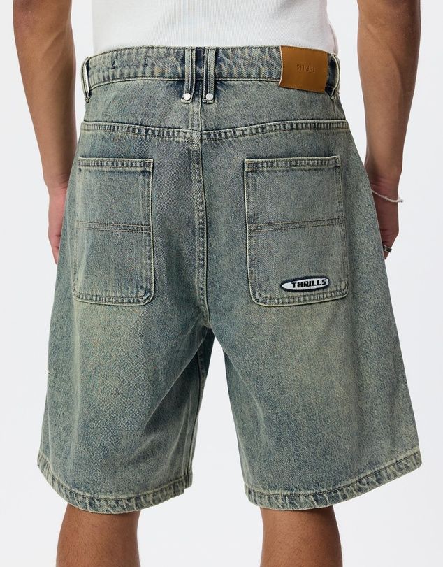 THRILLS MENS FILTERED MID SLACKER RELAXED LONG DENIM SHORT - GRANITE GREEN TINT