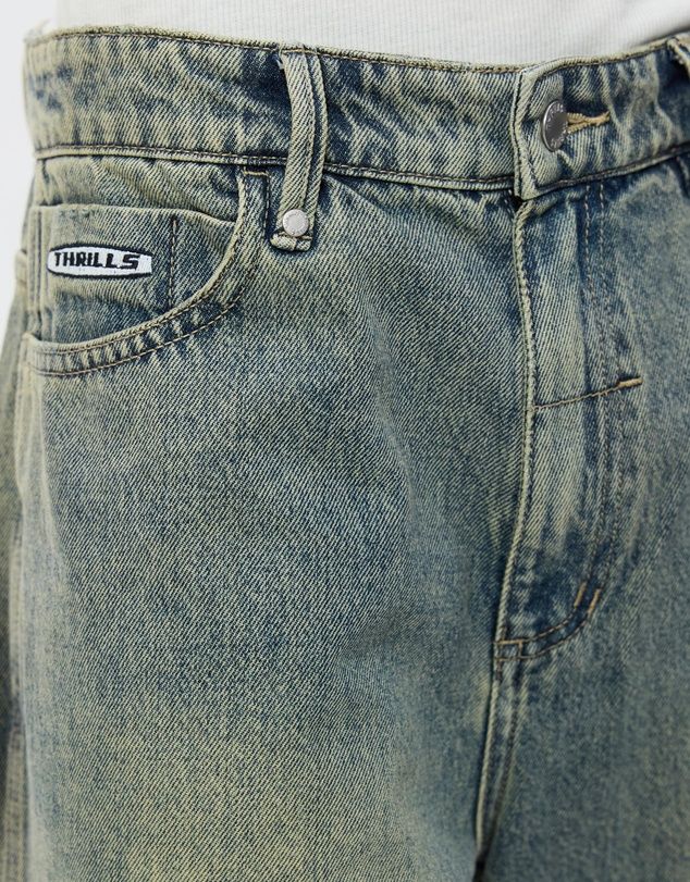 THRILLS MENS FILTERED MID SLACKER RELAXED LONG DENIM SHORT - GRANITE GREEN TINT