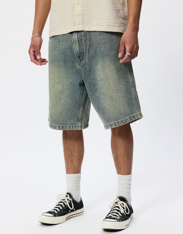 THRILLS MENS FILTERED MID SLACKER RELAXED LONG DENIM SHORT - GRANITE GREEN TINT