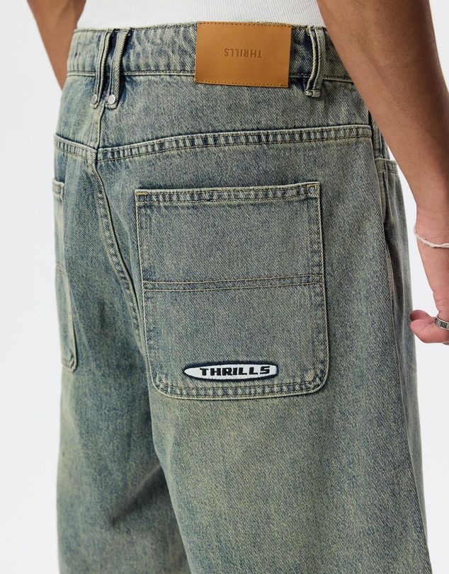 THRILLS MENS FILTERED MID SLACKER RELAXED LONG DENIM SHORT - GRANITE GREEN TINT