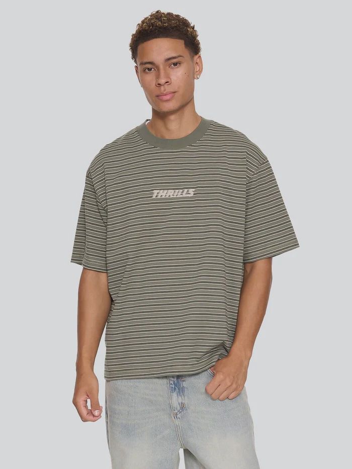 THRILLS MENS BUILT TO LAST STRIPE OVERSIZE BOX CROP TEE - BEETLE