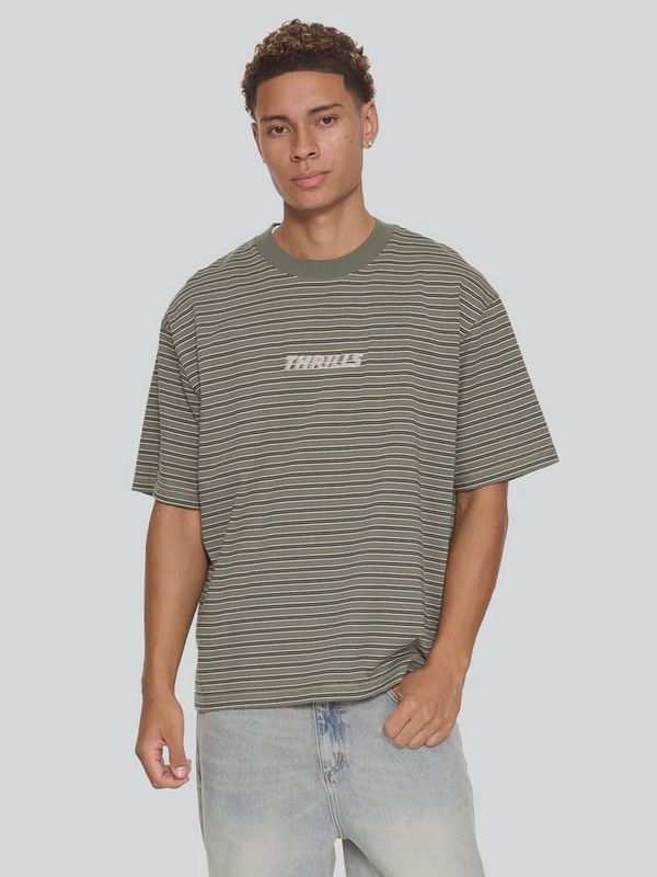 THRILLS MENS BUILT TO LAST STRIPE OVERSIZE BOX CROP TEE - BEETLE