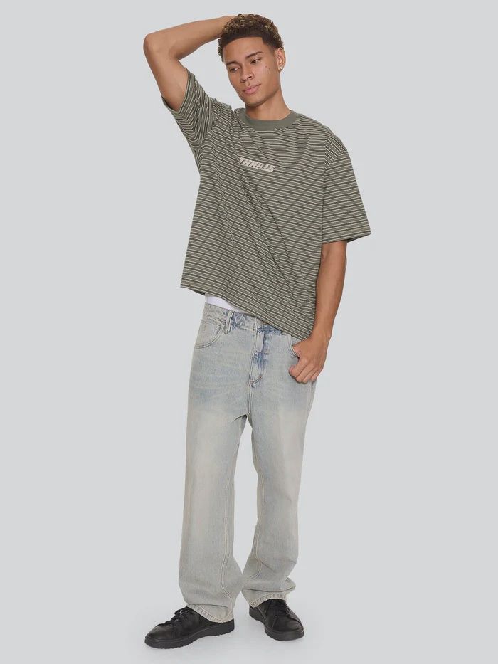 THRILLS MENS BUILT TO LAST STRIPE OVERSIZE BOX CROP TEE - BEETLE