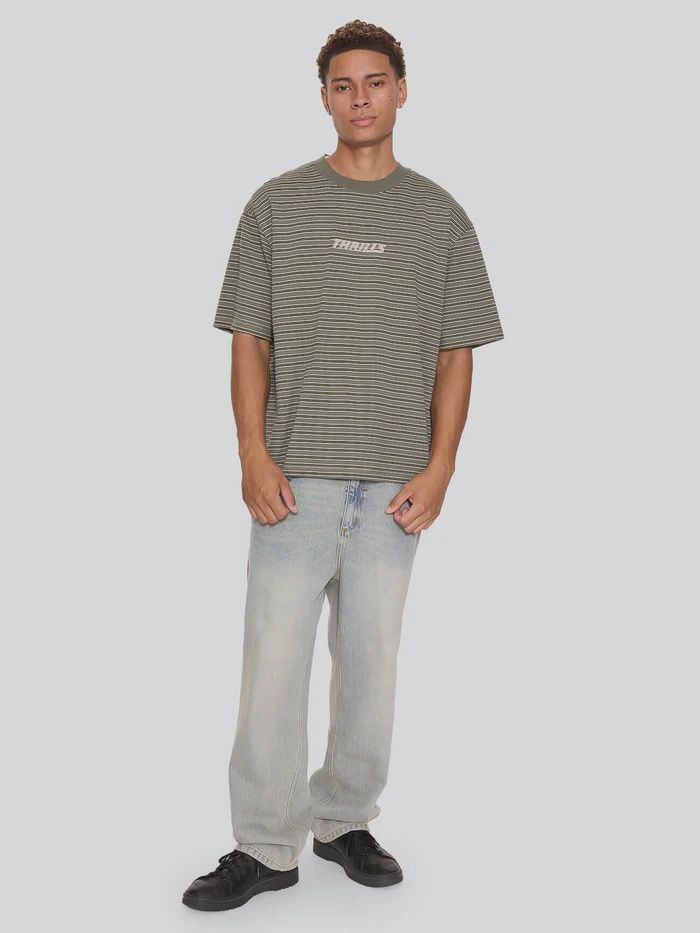 THRILLS MENS BUILT TO LAST STRIPE OVERSIZE BOX CROP TEE - BEETLE
