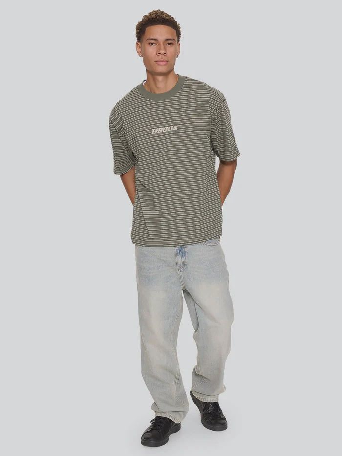 THRILLS MENS BUILT TO LAST STRIPE OVERSIZE BOX CROP TEE - BEETLE