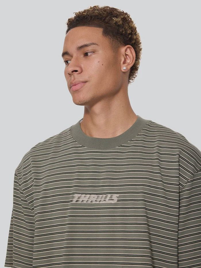 THRILLS MENS BUILT TO LAST STRIPE OVERSIZE BOX CROP TEE - BEETLE