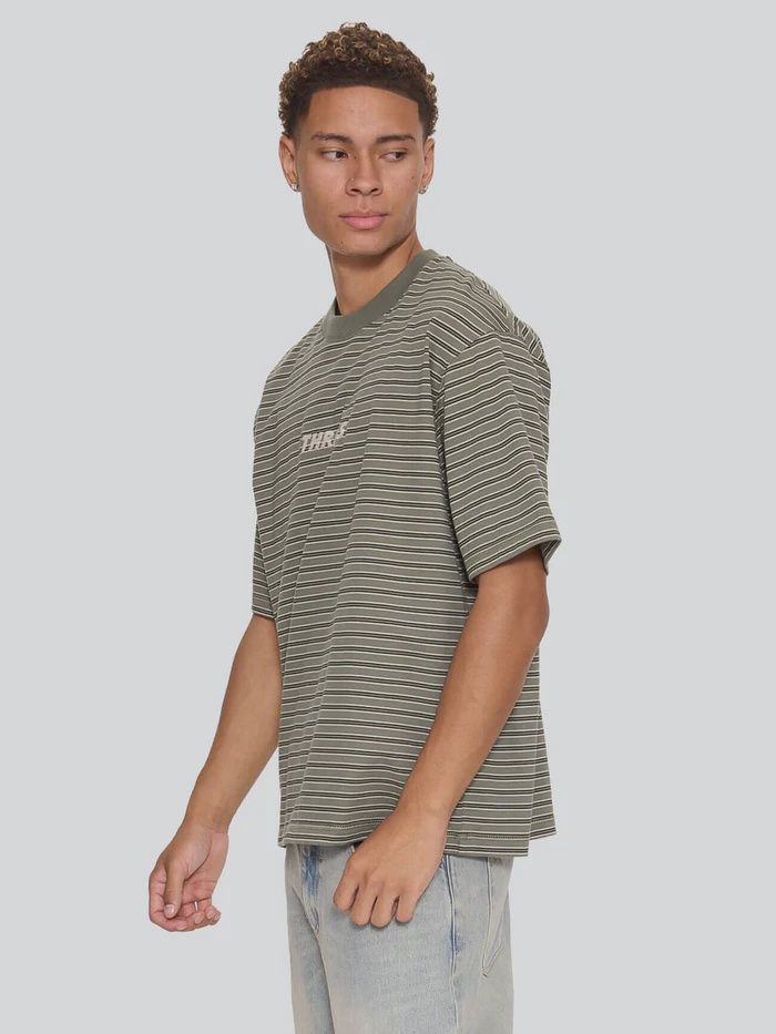 THRILLS MENS BUILT TO LAST STRIPE OVERSIZE BOX CROP TEE - BEETLE