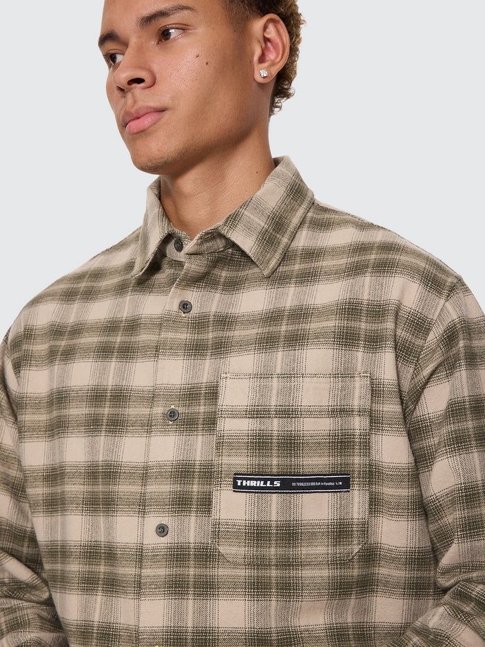 THRILLS MENS PARADISE BUILT BARRIO LONG SLEEVE FLANNEL SHIRT - MILITARY GREEN