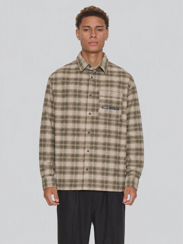 THRILLS MENS PARADISE BUILT BARRIO LONG SLEEVE FLANNEL SHIRT - MILITARY GREEN