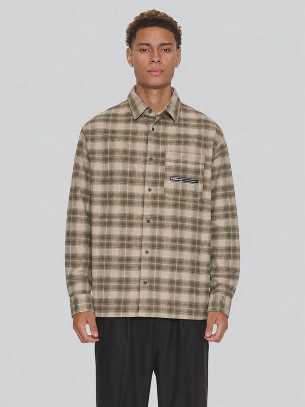 THRILLS MENS PARADISE BUILT BARRIO LONG SLEEVE FLANNEL SHIRT - MILITARY GREEN