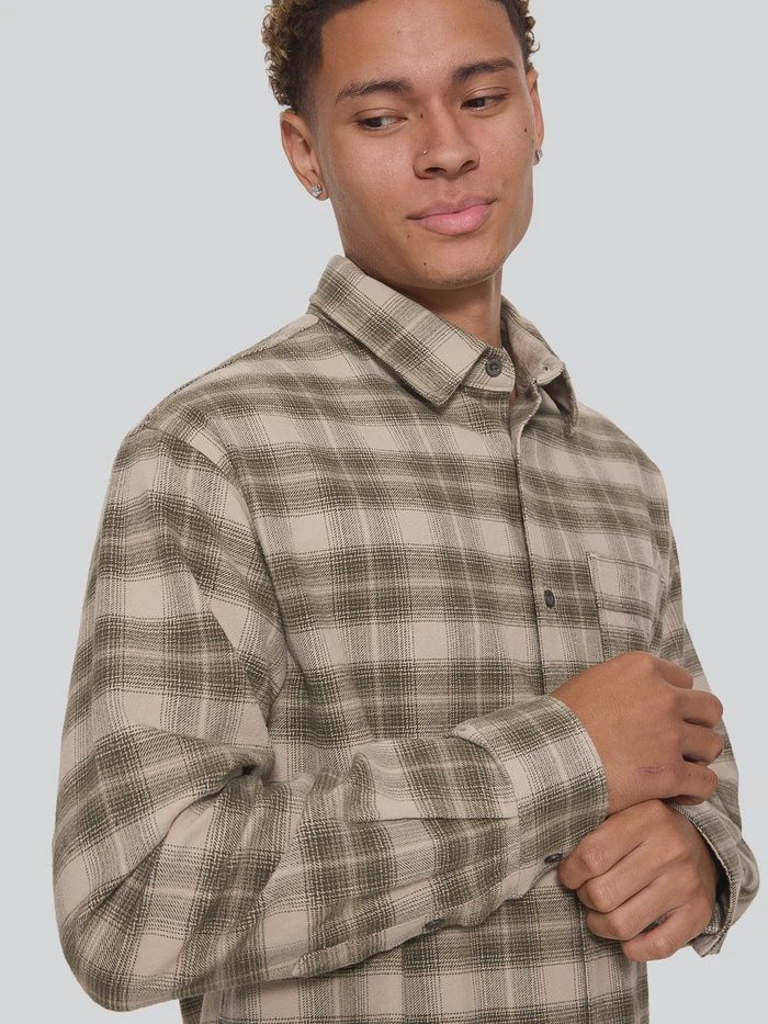 THRILLS MENS PARADISE BUILT BARRIO LONG SLEEVE FLANNEL SHIRT - MILITARY GREEN