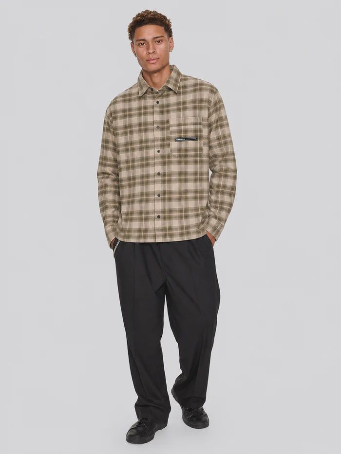THRILLS MENS PARADISE BUILT BARRIO LONG SLEEVE FLANNEL SHIRT - MILITARY GREEN