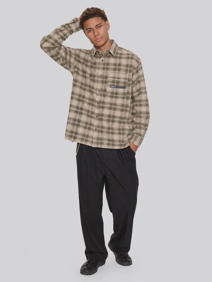 THRILLS MENS PARADISE BUILT BARRIO LONG SLEEVE FLANNEL SHIRT - MILITARY GREEN