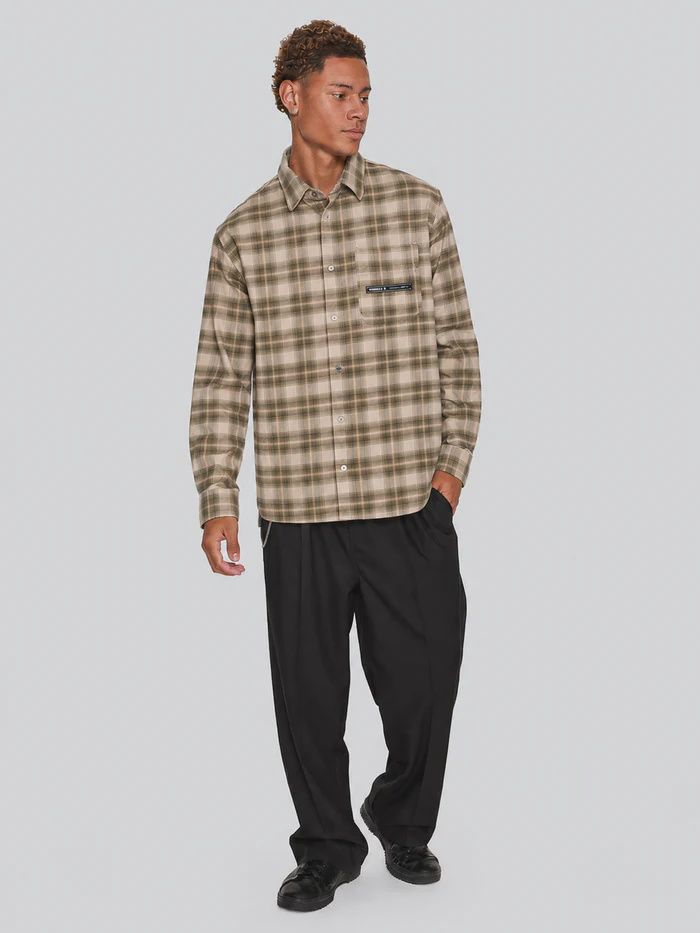 THRILLS MENS PARADISE BUILT BARRIO LONG SLEEVE FLANNEL SHIRT - MILITARY GREEN